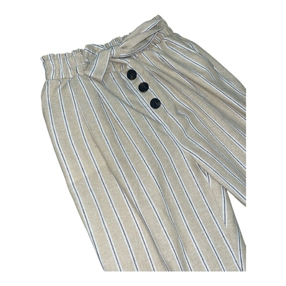 Ci Sono Tan and White Striped Wide Leg Paperbag Pants Belted - Picture 3 of 12